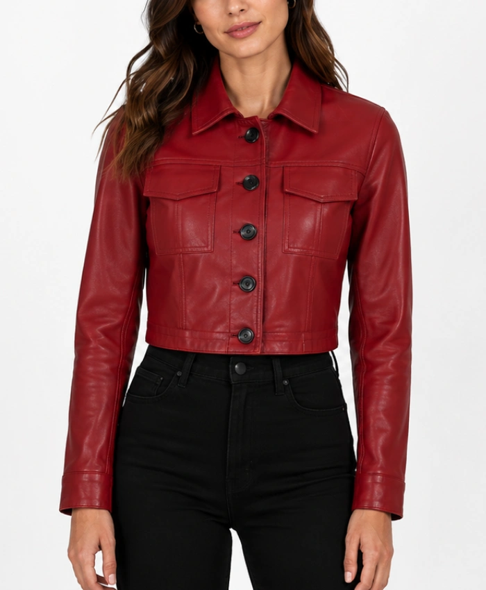Women Red Wax Cropped Leather Harrington Jacket