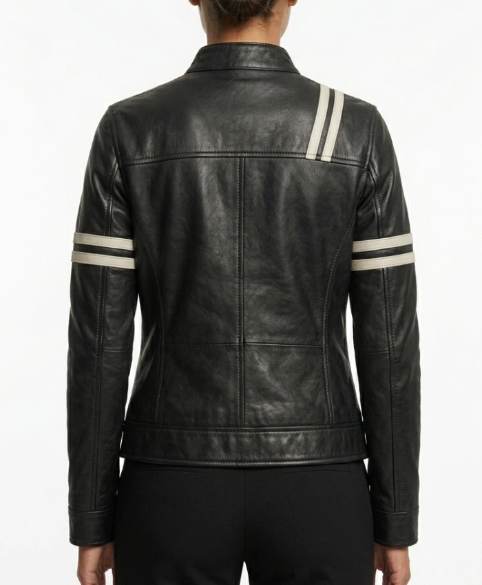 Striped Black Biker Leather Jacket for womens