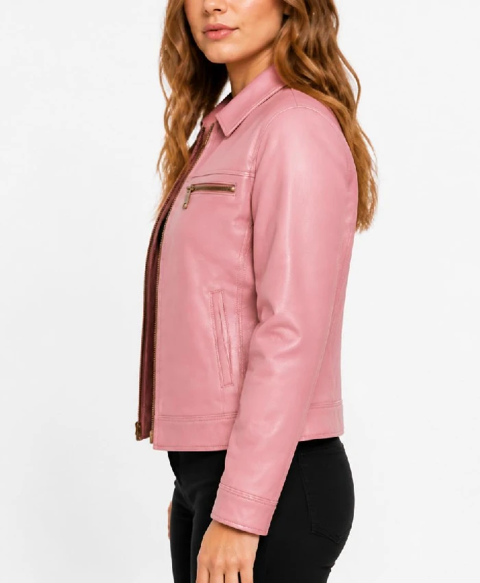Womens Austin Pink Cafe Racer Leather Jacket