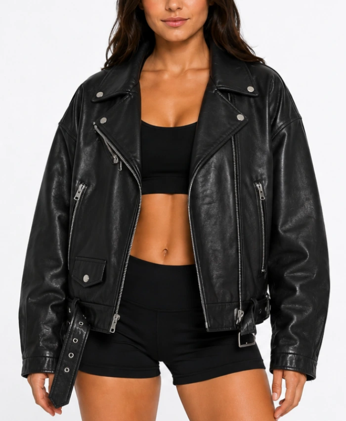 Biker Black Oversized Leather Jacket for Womens