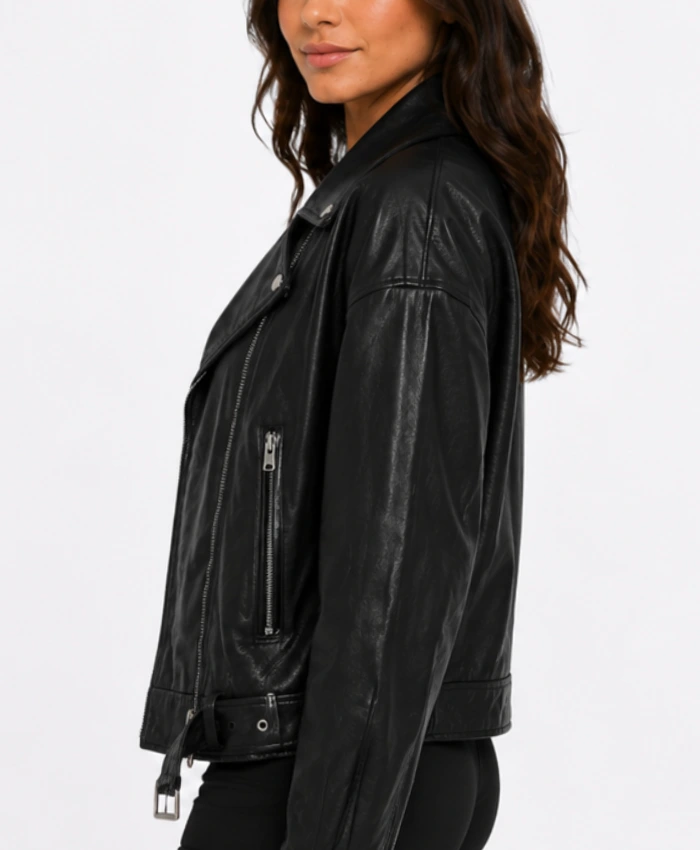 Womens Biker Black Leather Oversized Jacket