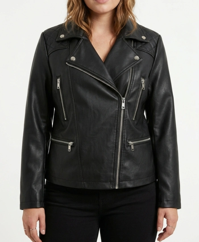 Womens Black Biker Leather Quilted Jacket
