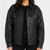 Black Leather Drop Shoulder Trucker Jacket for Womens