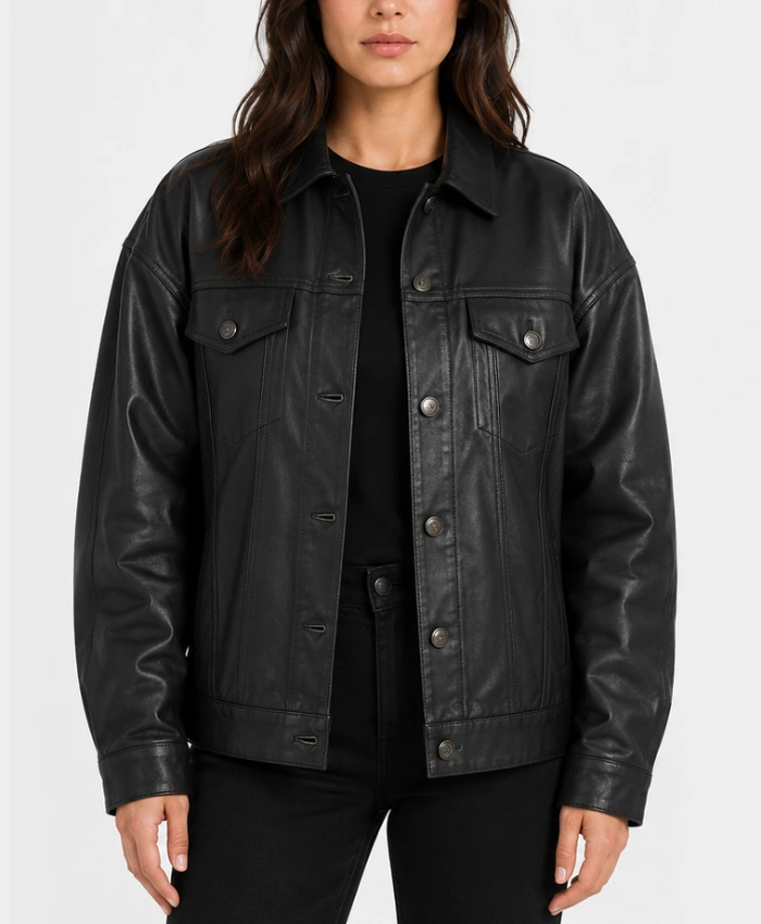 Black Leather Drop Shoulder Trucker Jacket for Womens