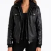 Womens Black Leather Trucker Jacket with Hoodie