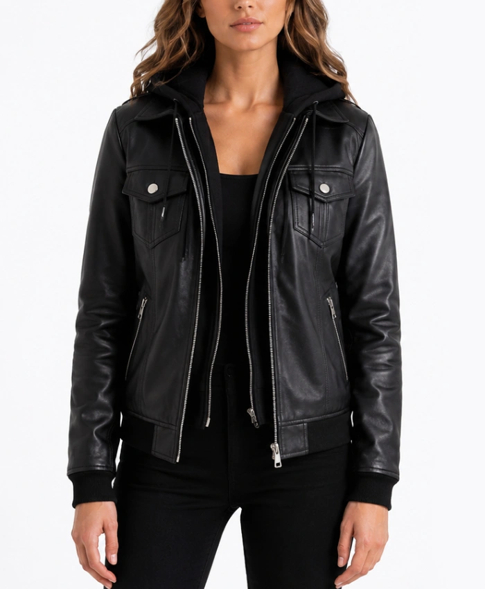 Womens Black Leather Trucker Jacket with Hoodie
