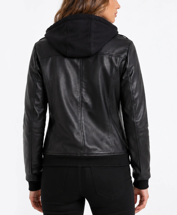 Womens Black Leather Trucker Jacket with Attached Hoodie