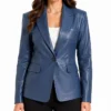 Blue Single Button Leather Blazer for Womens