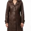 Womens Brown Trench Leather Coat with Attached Hood