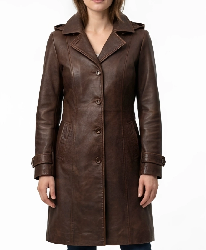 Womens Brown Trench Leather Coat with Attached Hood