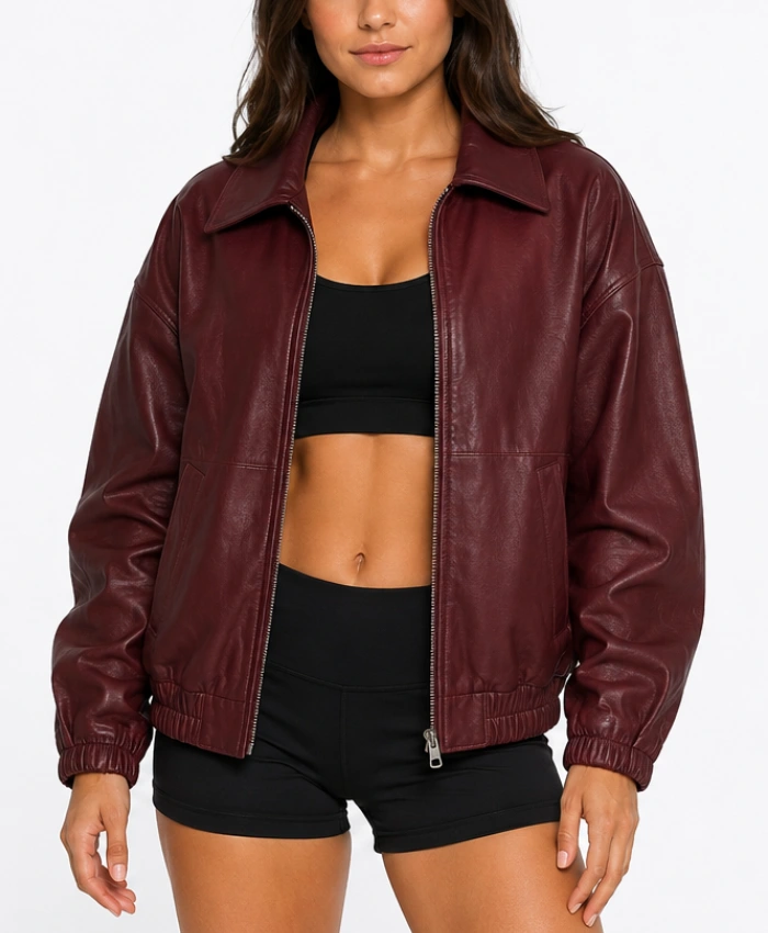 Womens Burgundy Baggy Leather Jacket