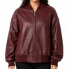 Burgundy Drop Shoulder Bomber Leather Jacket for Womens