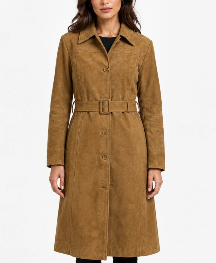 Womens Button Down Suede Brown Coat