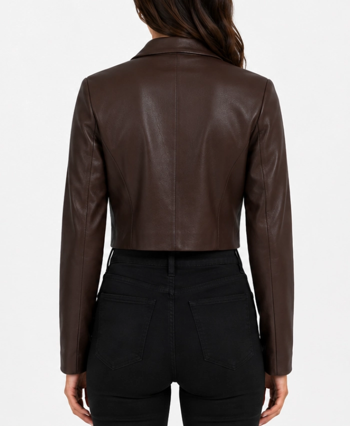 Womens Cognac Single Button Leather Cropped Blazer