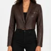 Womens Cognac Single Button Cropped Leather Blazer