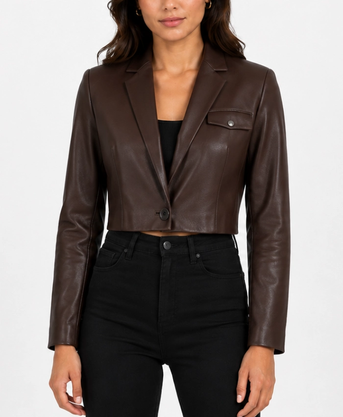 Womens Cognac Single Button Cropped Leather Blazer