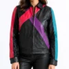 Color block Biker Leather Bomber Jacket for Womens