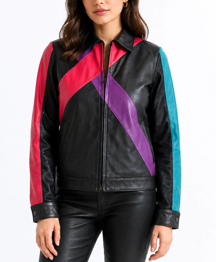 Color block Biker Leather Bomber Jacket for Womens