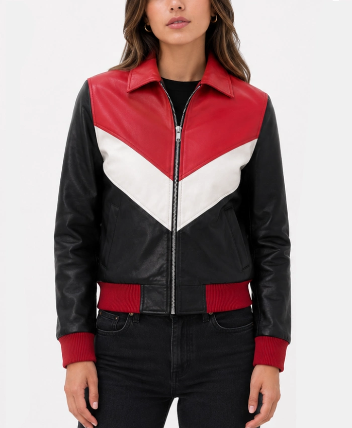 Colorblock Leather Bomber Jacket for Womens