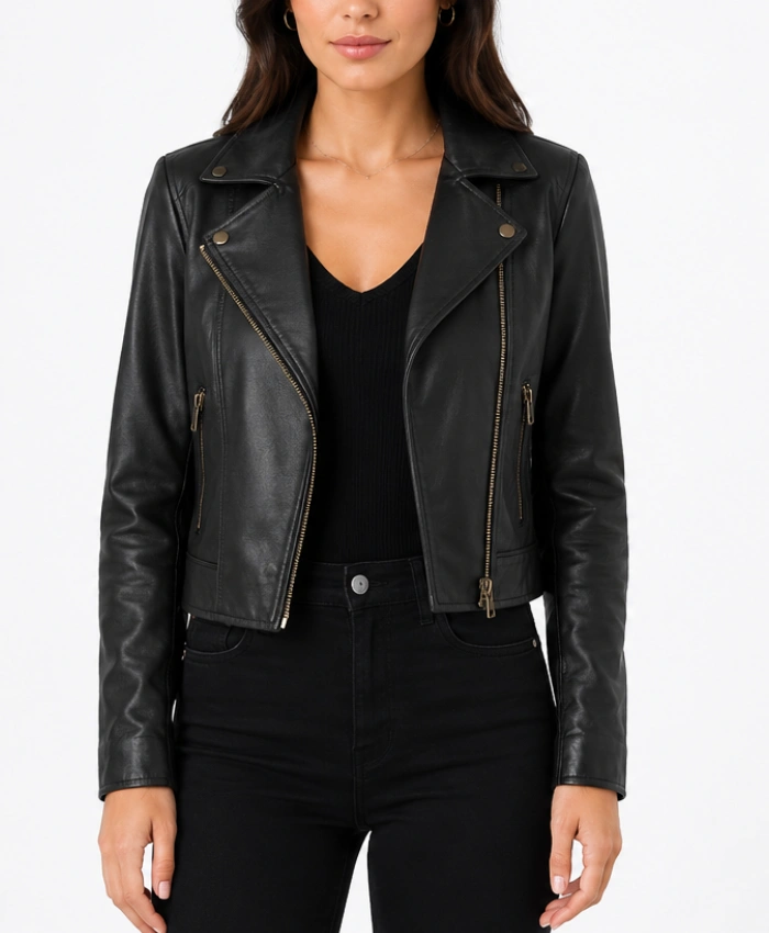 Cropped Womens Biker Leather Jacket in Black