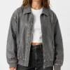 Drop Sholder Womens Grey Bomber Leather Jacket