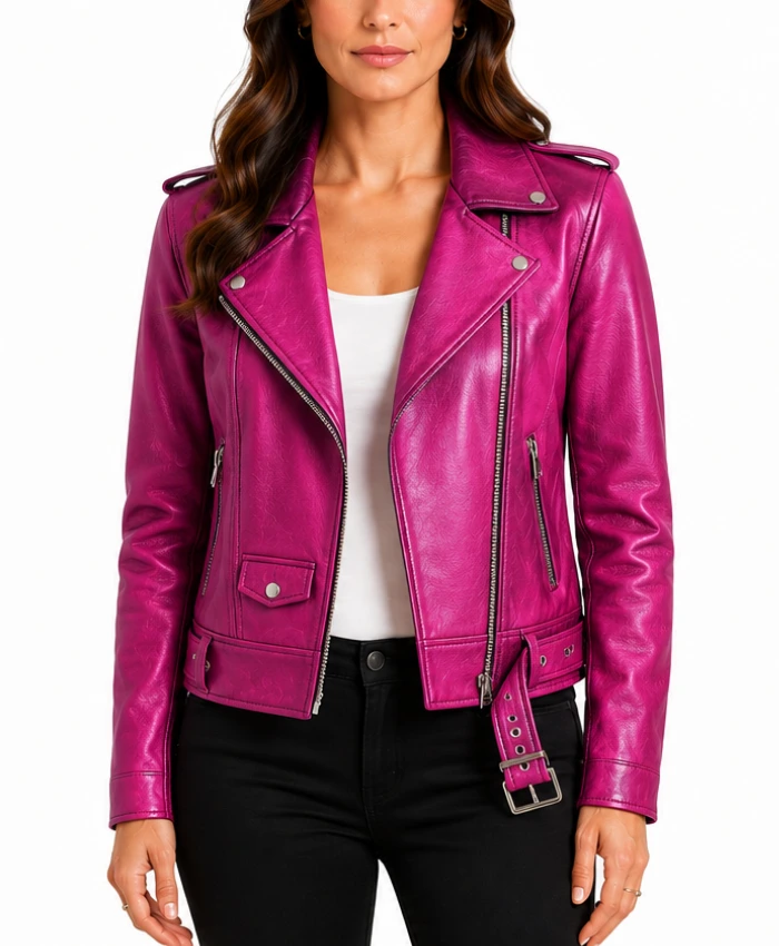Hot Pink Metallic Leather Jacket for Womens