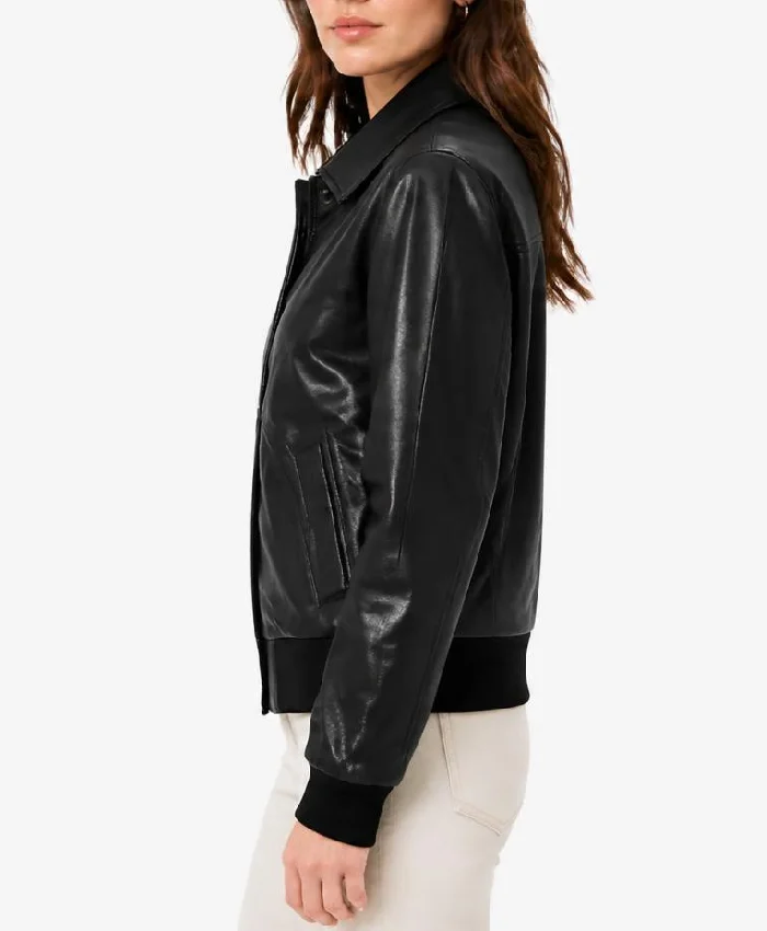 Womens Jose Black Shirt Collar Harrington Leather Jacket