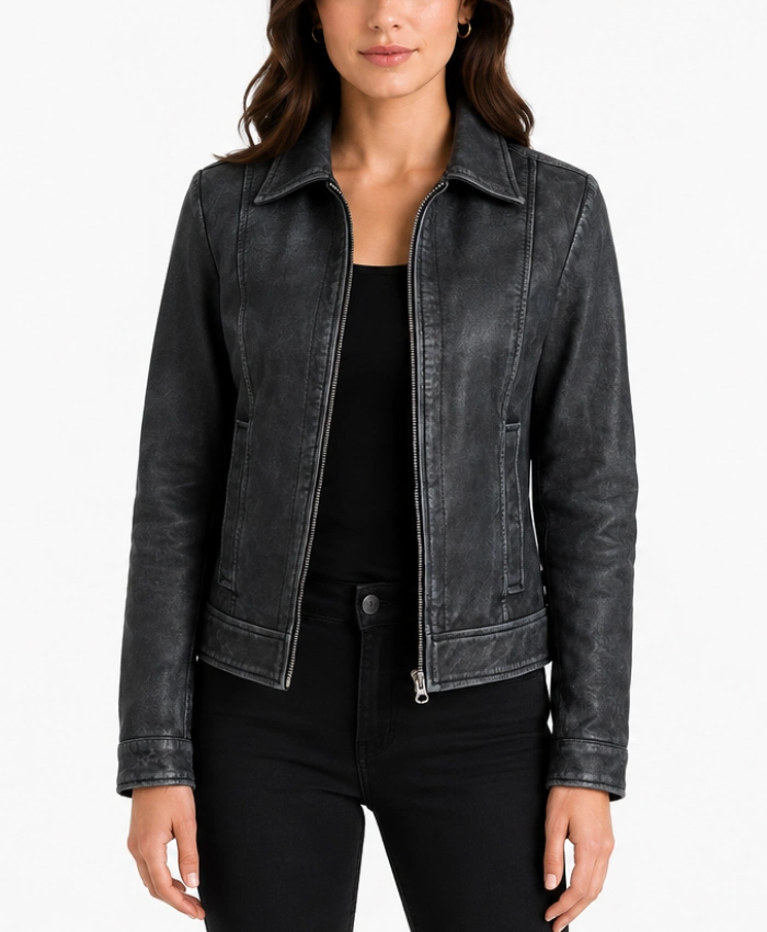 Black Leather Harrington Jacket for Women