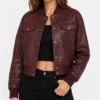 Womens Maroon Cropped Bomber Leather Jacket