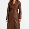 Mid Length Cognac Waxed Leather Coat for Womens