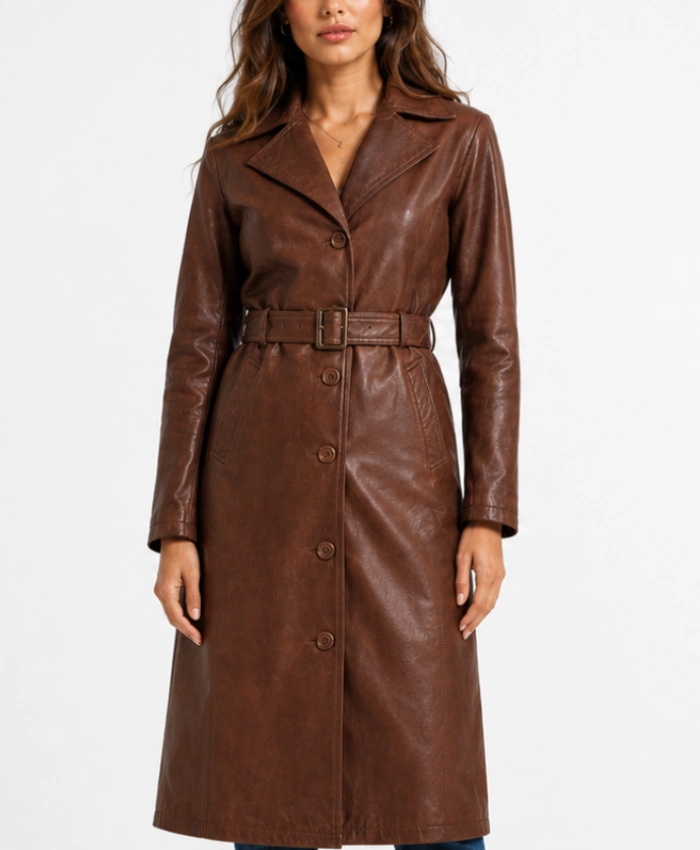 Mid Length Cognac Waxed Leather Coat for Womens