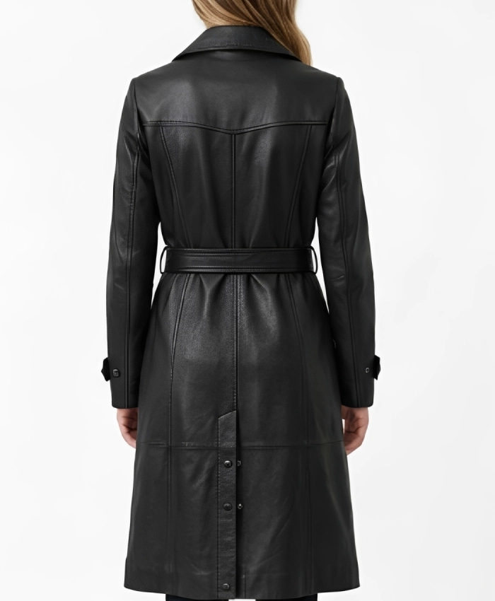 Womens Moonlight Black Leather Trench Coat with Belt