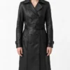 Womens Moonlight Black Leather Belted Trench Coat