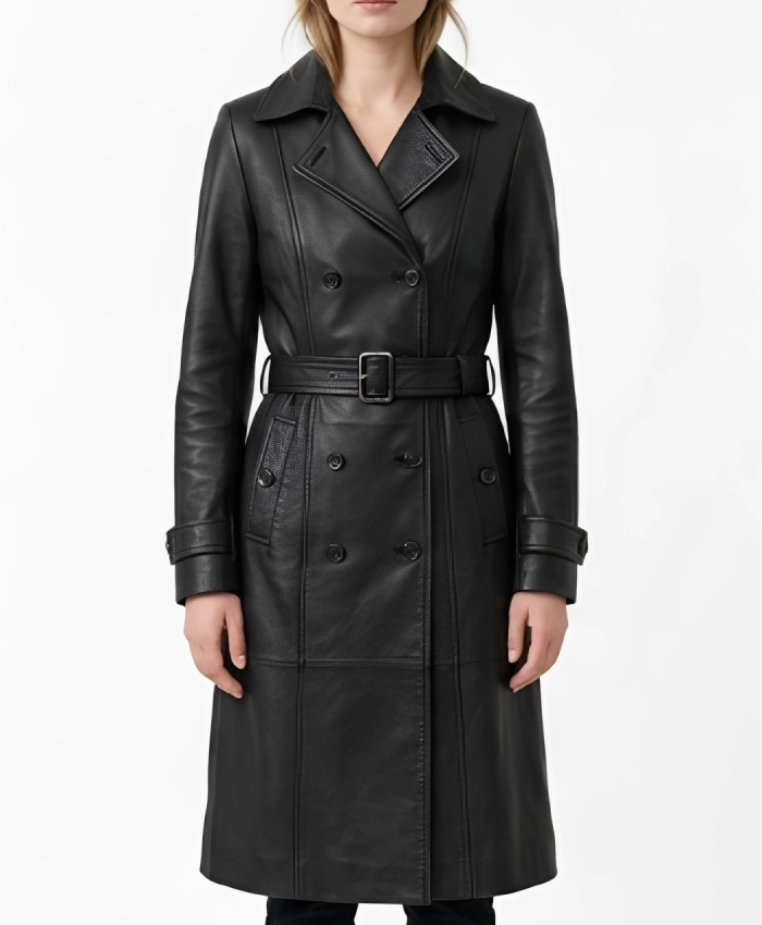 Womens Moonlight Black Leather Belted Trench Coat