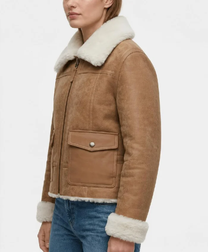 Womens Nymeria Tan Suede Shearling Jacket