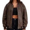 Oversized Brown Leather Bomber for Womens