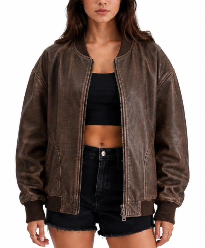 Oversized Brown Leather Bomber for Womens
