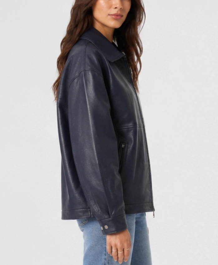 Womens Blue Leather Jacket in Oversized fit