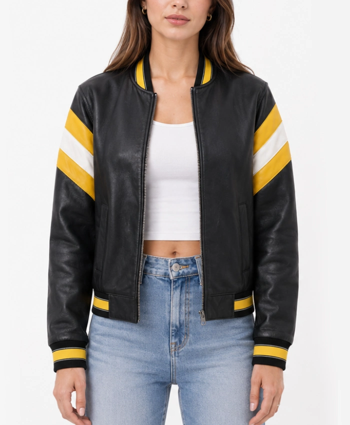 Oversized Womens Yellow and Black Leather Bomber Jacket