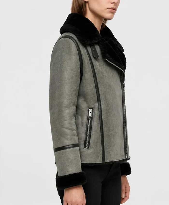 Womens Paracosm Grey Suede Shearling Jacket
