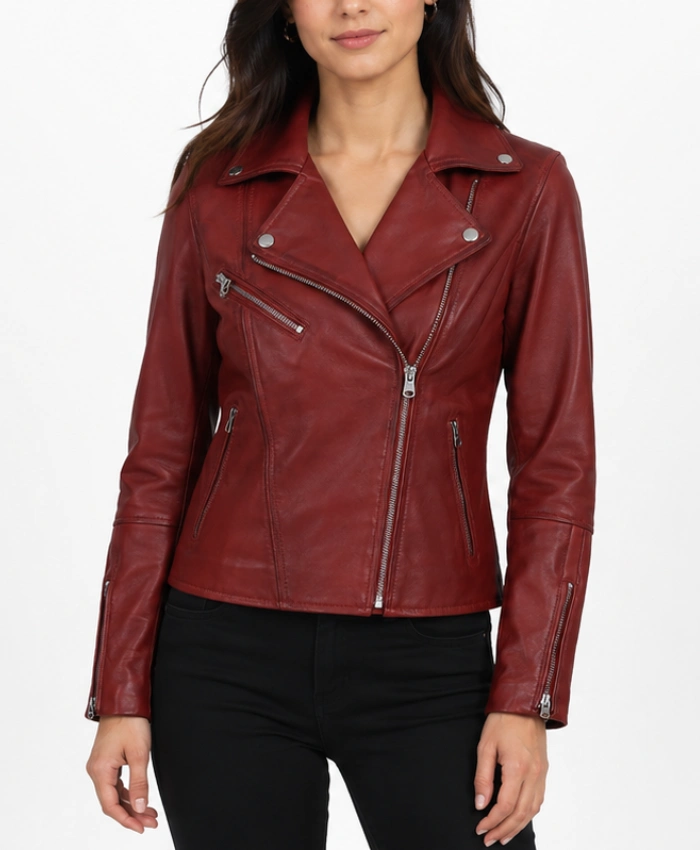 Real Leather Asymmetrical Biker Style Jacket For Women