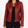 Womens Real Leather Red Biker Style Jacket with Quilted Shoulders