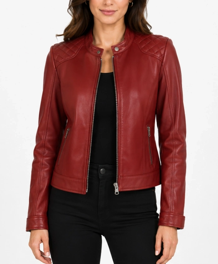 Womens Real Leather Red Biker Style Jacket with Quilted Shoulders