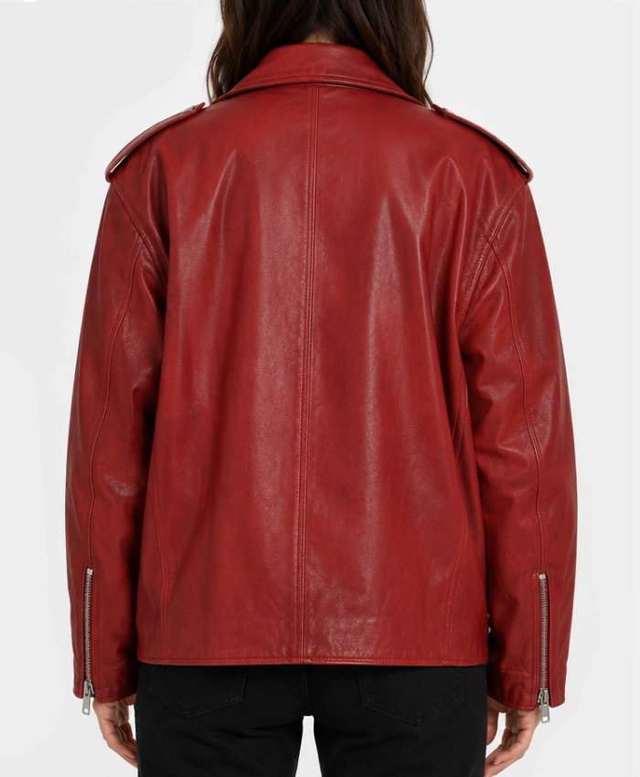 Womens Red Biker Oversized Leather Jacket
