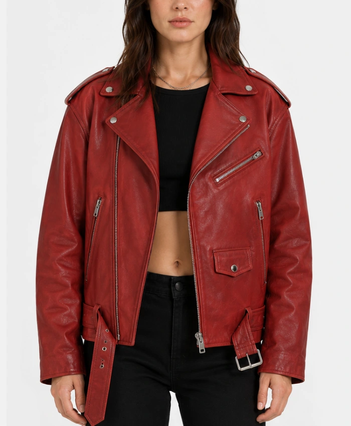 Womens Red Biker Leather Oversized Jacket