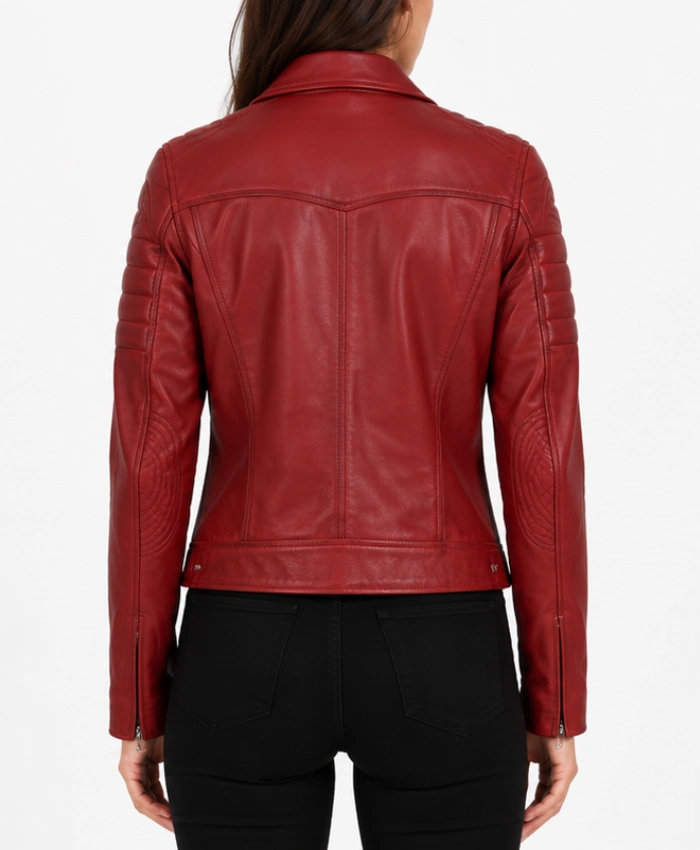 Red Biker Style Real Leather Jacket for Womens