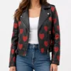 Red Hearts Motorcycle Leather Jacket for Womens