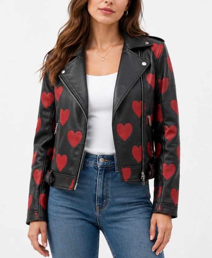 Red Hearts Motorcycle Leather Jacket for Womens
