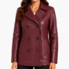 Regular Fit Maroon Double Breasted Leather Peacoat for Women
