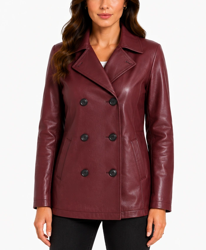 Regular Fit Maroon Double Breasted Leather Peacoat for Women